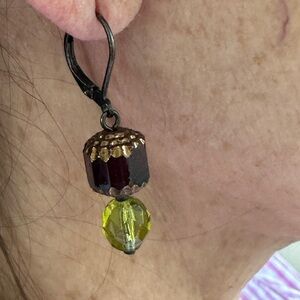 Dabby Reid drop pierced earrings with green and purple beads 11/2” drop